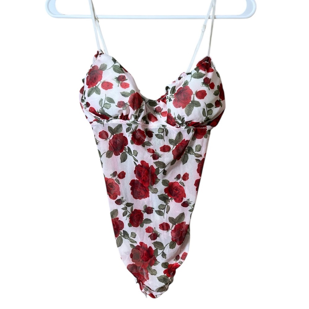 Sheer Red Rose Mesh Lingerie Bodysuit Ruffle Floral Romantic Small‎ Medium
